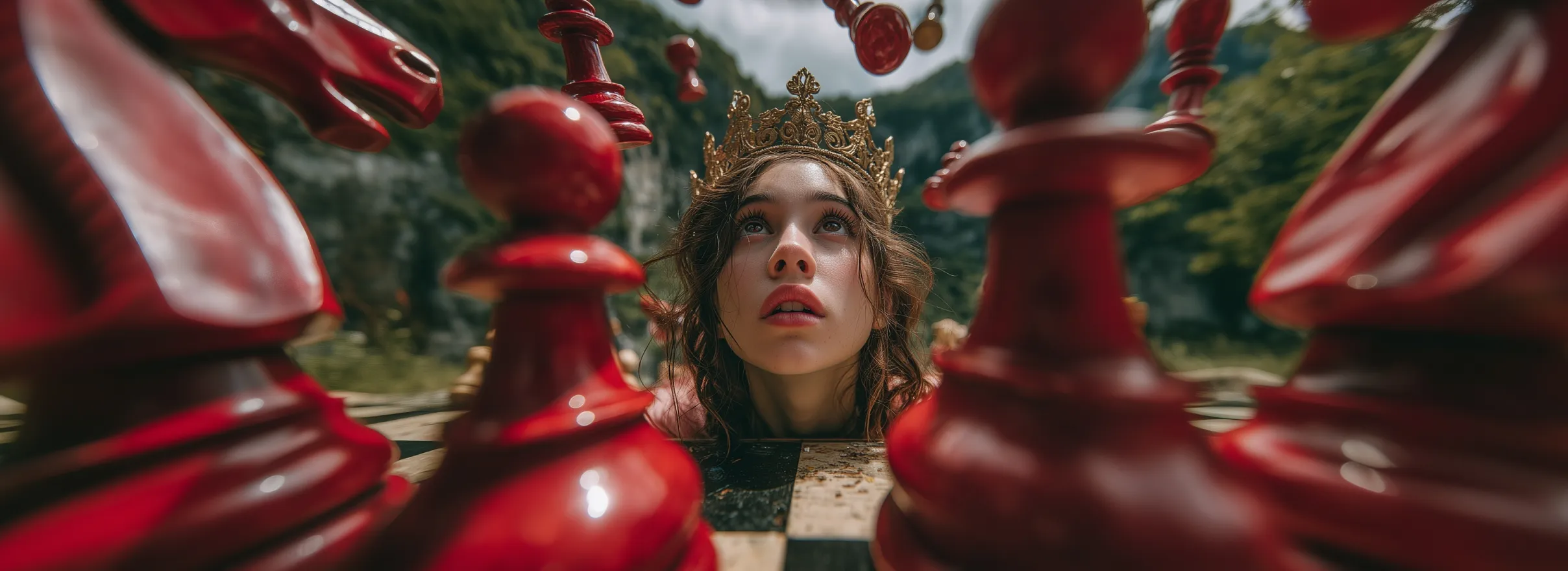 A woman in a gold crown looks up, seen through a frame of large red chess pieces.