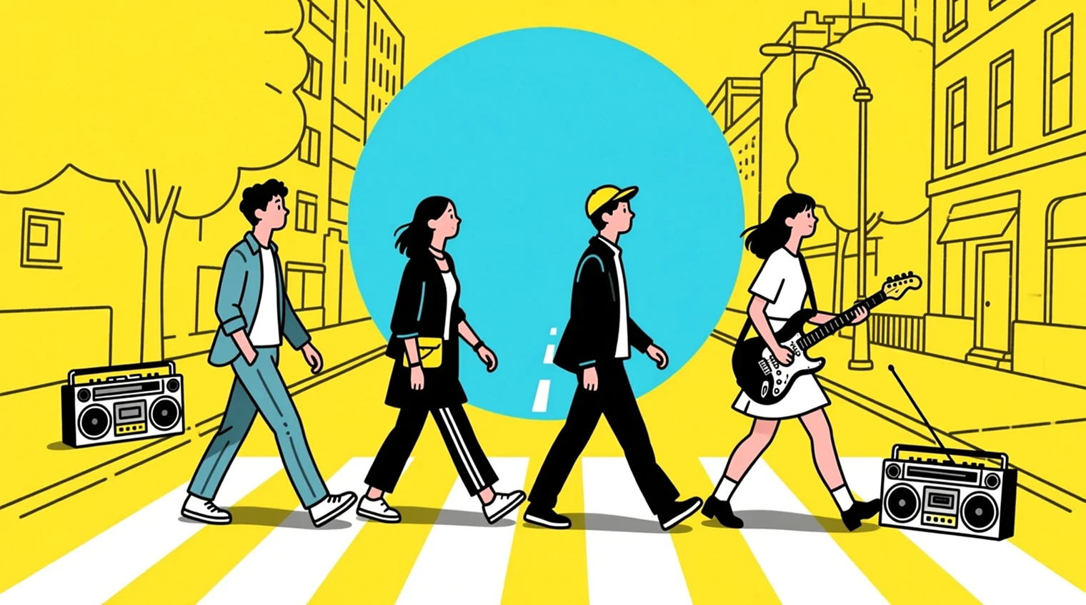 a colorful anime-styled illustration showing four people walking on crossroad made by piclumen ai art generator