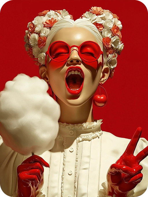 a fashionably dressed woman holds a cotton candy while making a peace sign