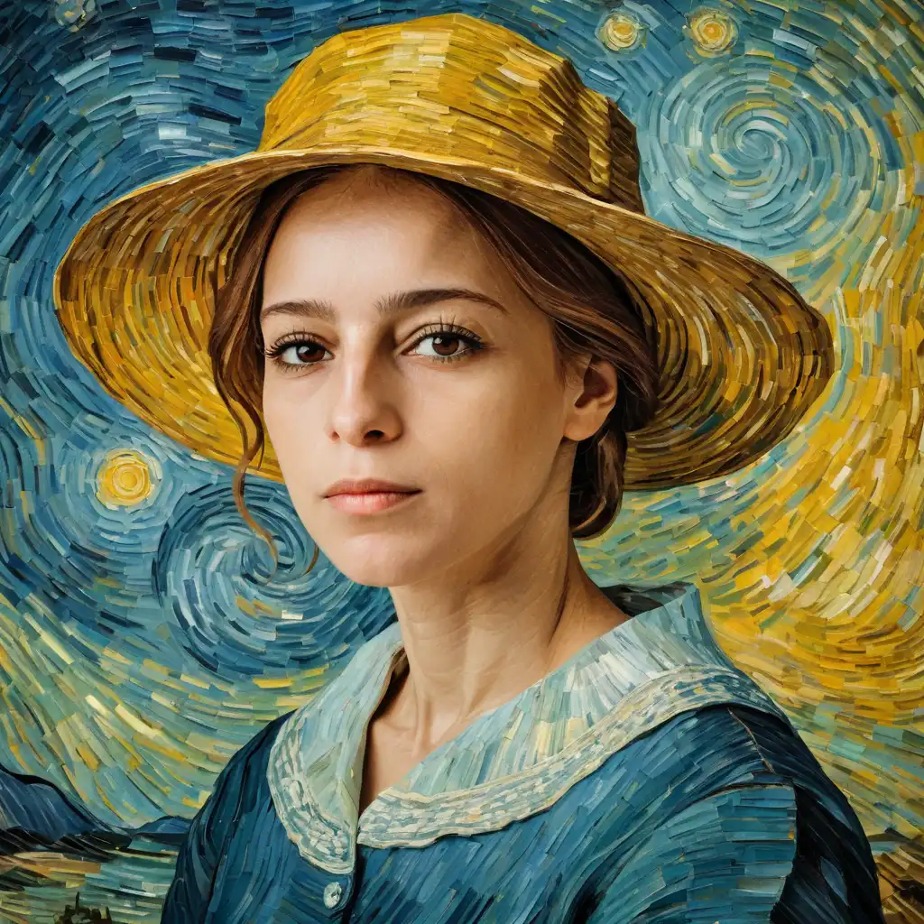 a girl wearing a hat in Van Gogh art style made by piclumen ai art generator