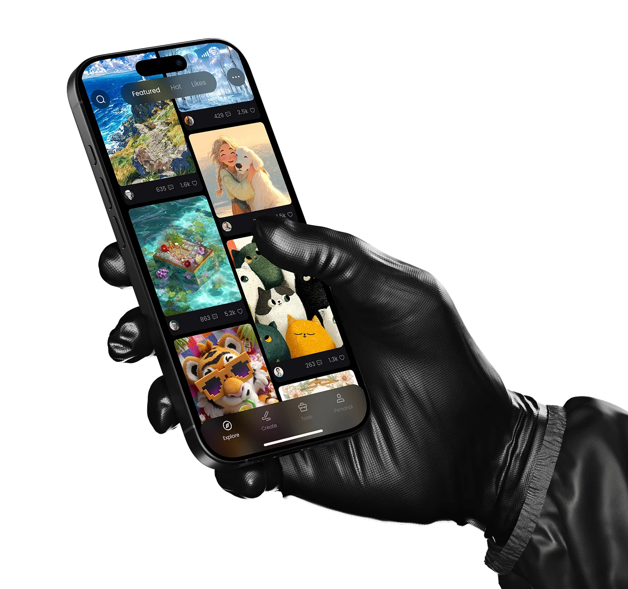 a hand wearing black gloves is playing with the PicLumen AI image generator app.