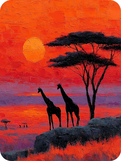 a sunset oil painting showing two giraffes standing by a lake
