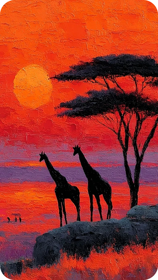 a sunset oil painting showing two giraffes standing by a lake