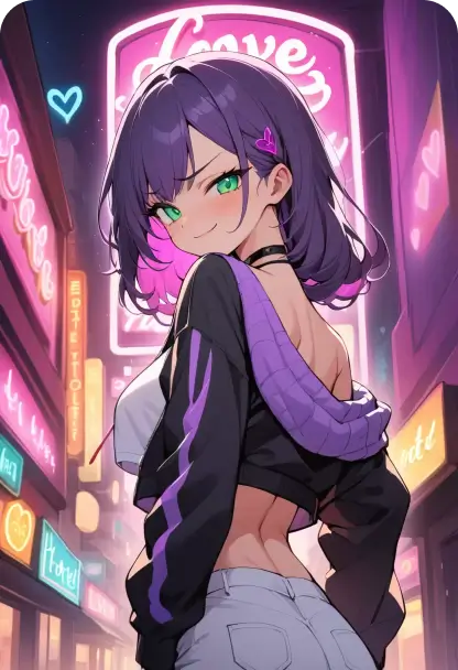 an anime-style girl with purple hair made by piclumen ai art generator
