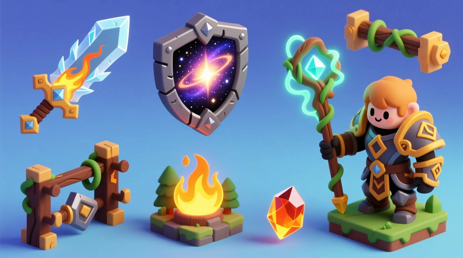 seven 3d game assets made by piclumen ai image generator